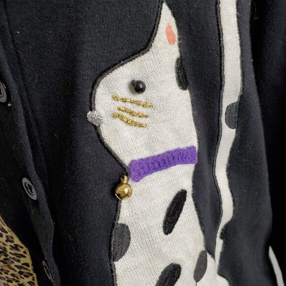 VINTAGE Y2K cardigan black button up cat appliqué top‎ S petite - Picture 4 of 6